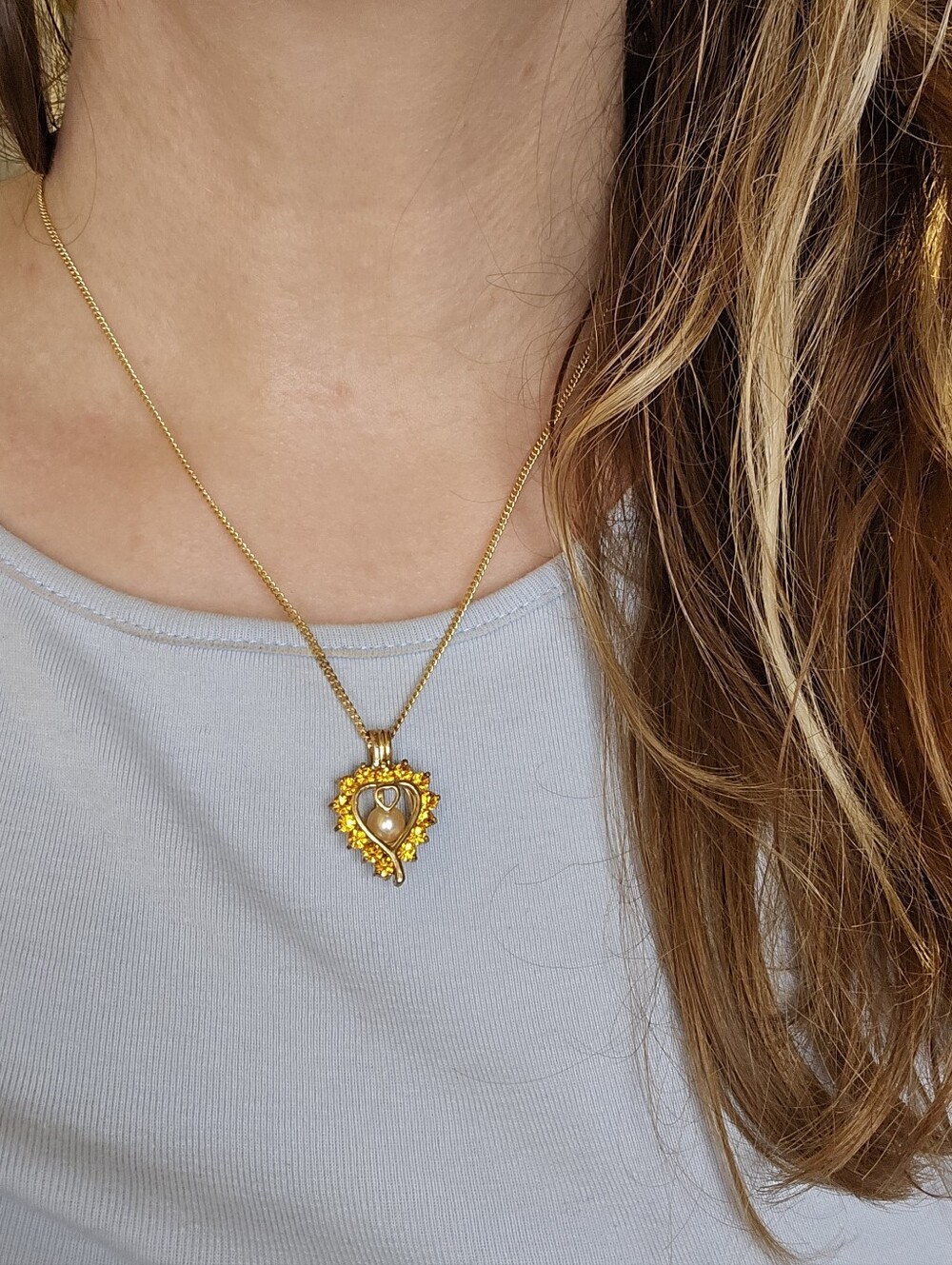 Y2k Yellow CZ Heart Caged Pearl Necklace Dainty Gold Chain 18" Whimsical - Picture 3 of 9